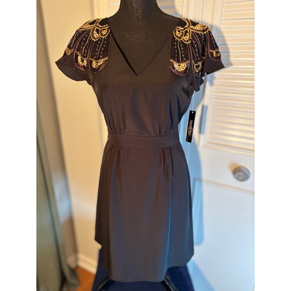 🌟GIANNI BINI Frannie Sequin & Embroidered Tie Waist Flutter Sleeve Above Knee - Picture 2 of 7